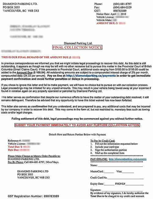 Diamond Parking Final Collection Notice