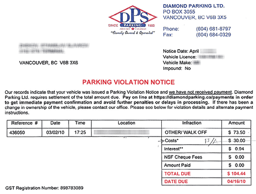 Diamond Parking violation letter