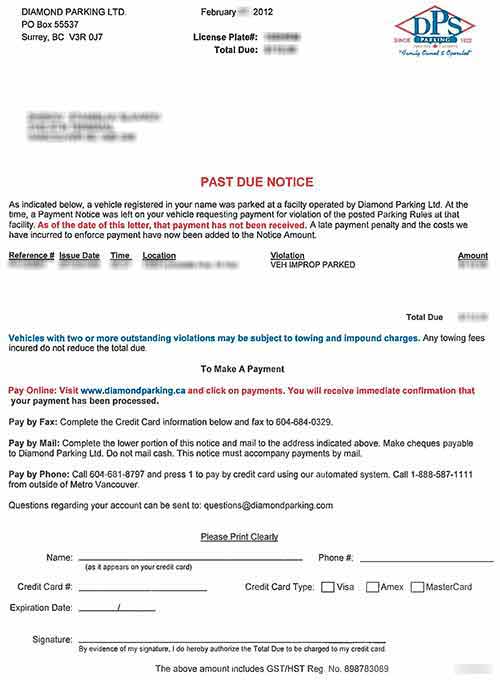 Diamond Parking Past Due Notice